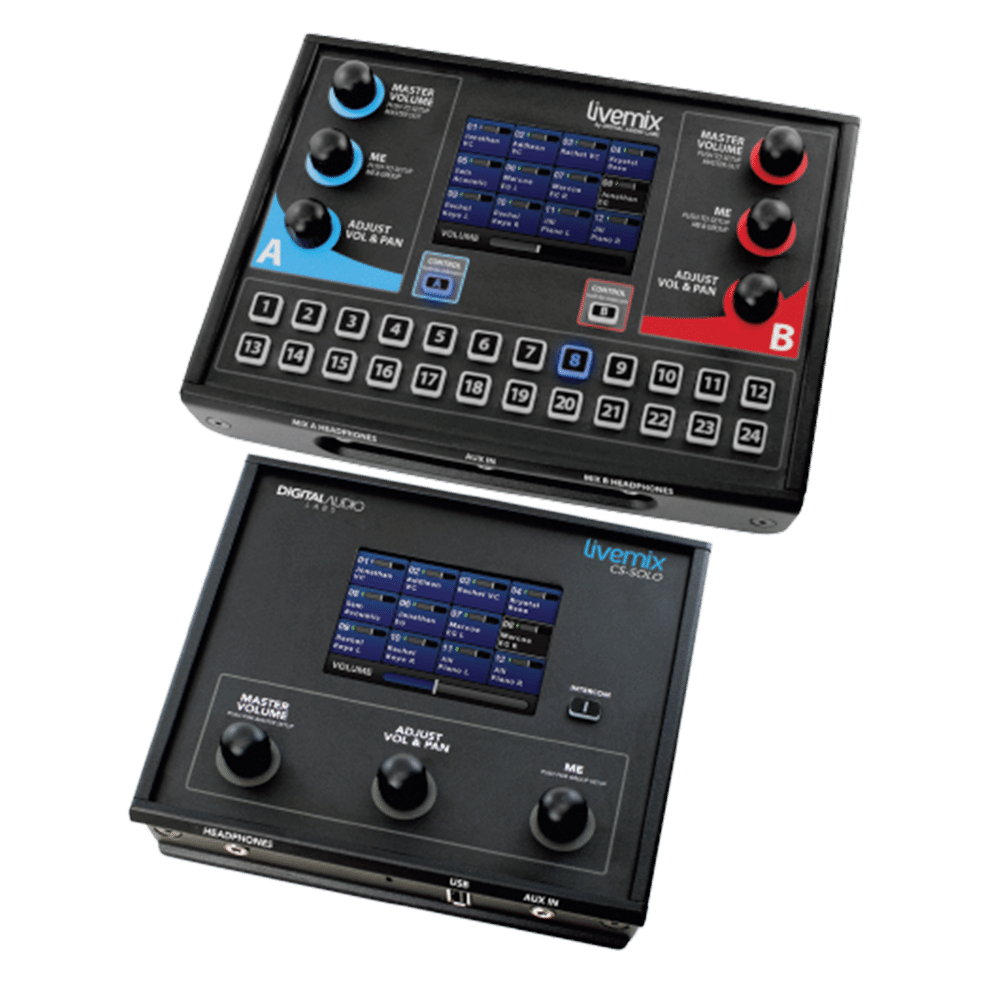 Livemix CS-DUO and CS-SOLO personal mixers stacked